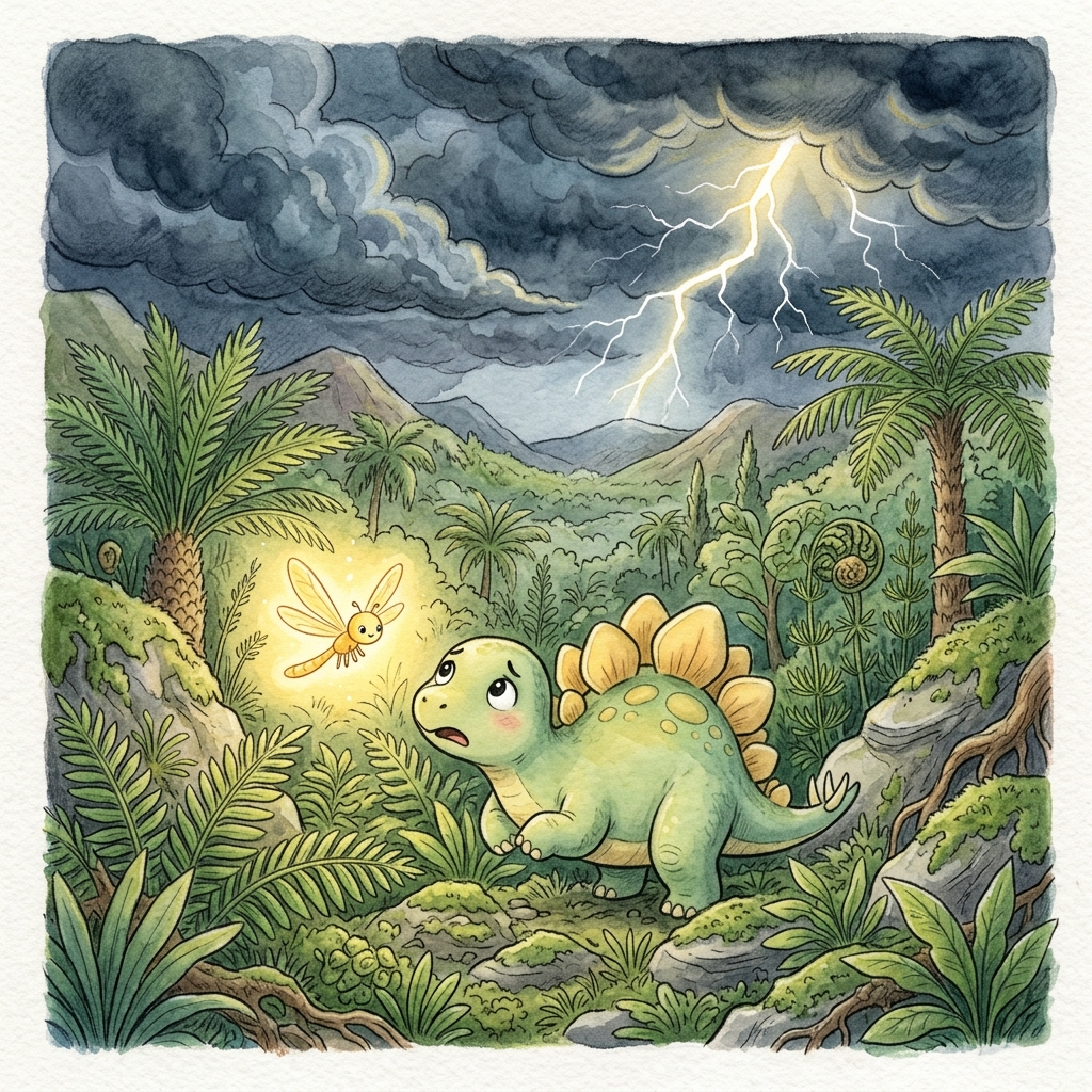 A small, cute Stegosaurus with light green skin and soft yellow plates on his back named Toby, looking frightened as dark storm clouds and lightning gather in the sky above Dinosaur Valley. Giant ferns and prehistoric plants surround him. A glowing golden dragonfly named Lily is hovering nearby, casting a warm light to comfort him. Children's storybook illustration style, watercolor and colored pencil texture, cute cartoon character design.