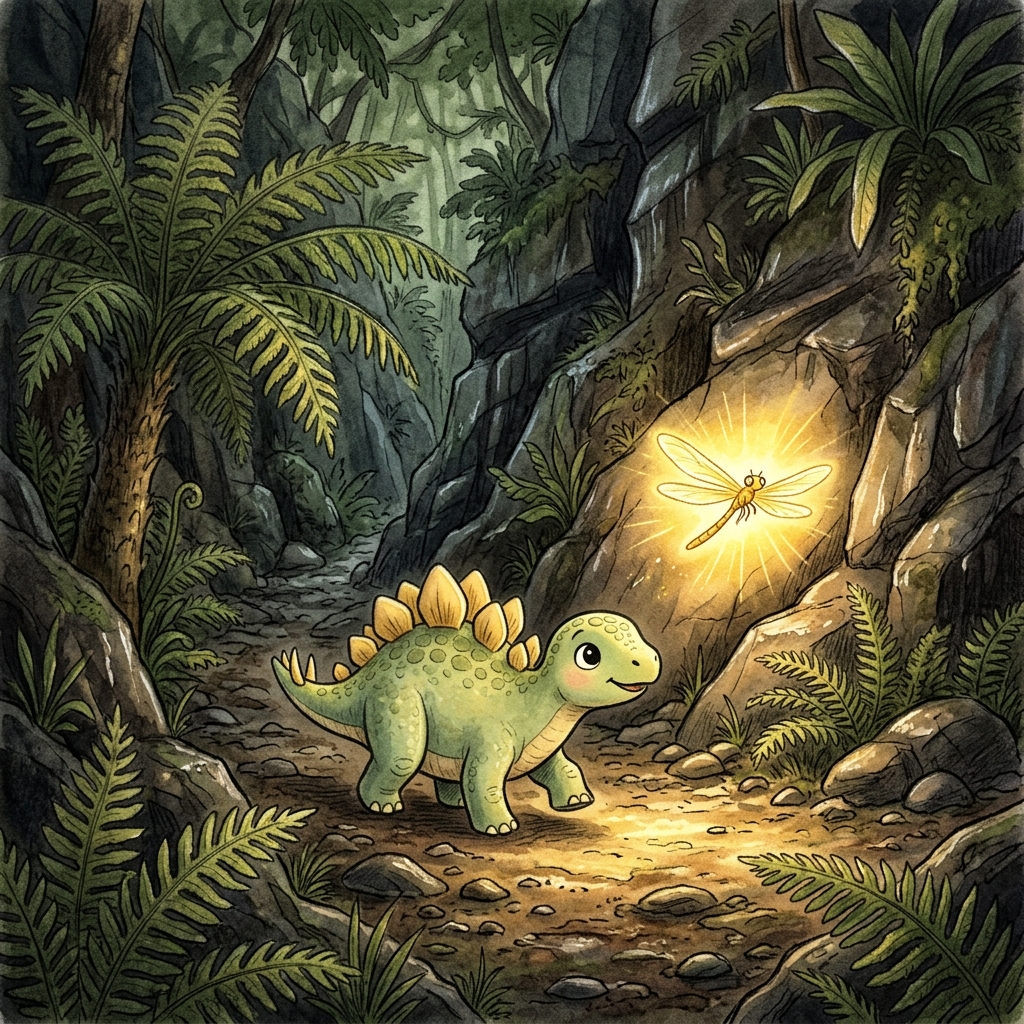 A small, cute Stegosaurus with light green skin and soft yellow plates on his back named Toby, walking bravely through a dark rocky canyon with giant ferns. A glowing golden dragonfly named Lily is flying ahead of him, casting a bright golden light that illuminates the rocky path in front of them. Children's storybook illustration style, watercolor and colored pencil texture, cute cartoon character design.