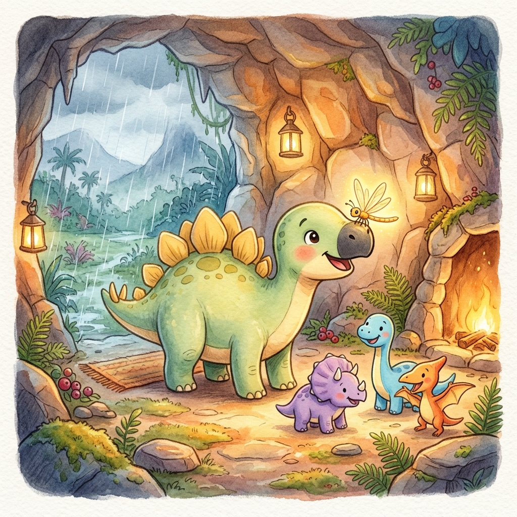 A small, cute Stegosaurus with light green skin and soft yellow plates on his back named Toby, standing happily inside a cozy, glowing stone cave alongside three tiny, colorful baby dinosaurs. Outside the cave entrance, rain is falling in Dinosaur Valley. A glowing golden dragonfly named Lily is resting gently on Toby's nose. Cozy, warm, and happy atmosphere, children's storybook illustration style, watercolor and colored pencil texture, cute cartoon character design.
