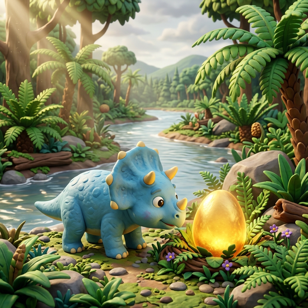 A cute baby Triceratops with sky-blue skin and tiny yellow horns discovering a glowing golden dinosaur egg sitting near a prehistoric river, giant green ferns, 3D claymation cartoon style, soft morning sunbeams
