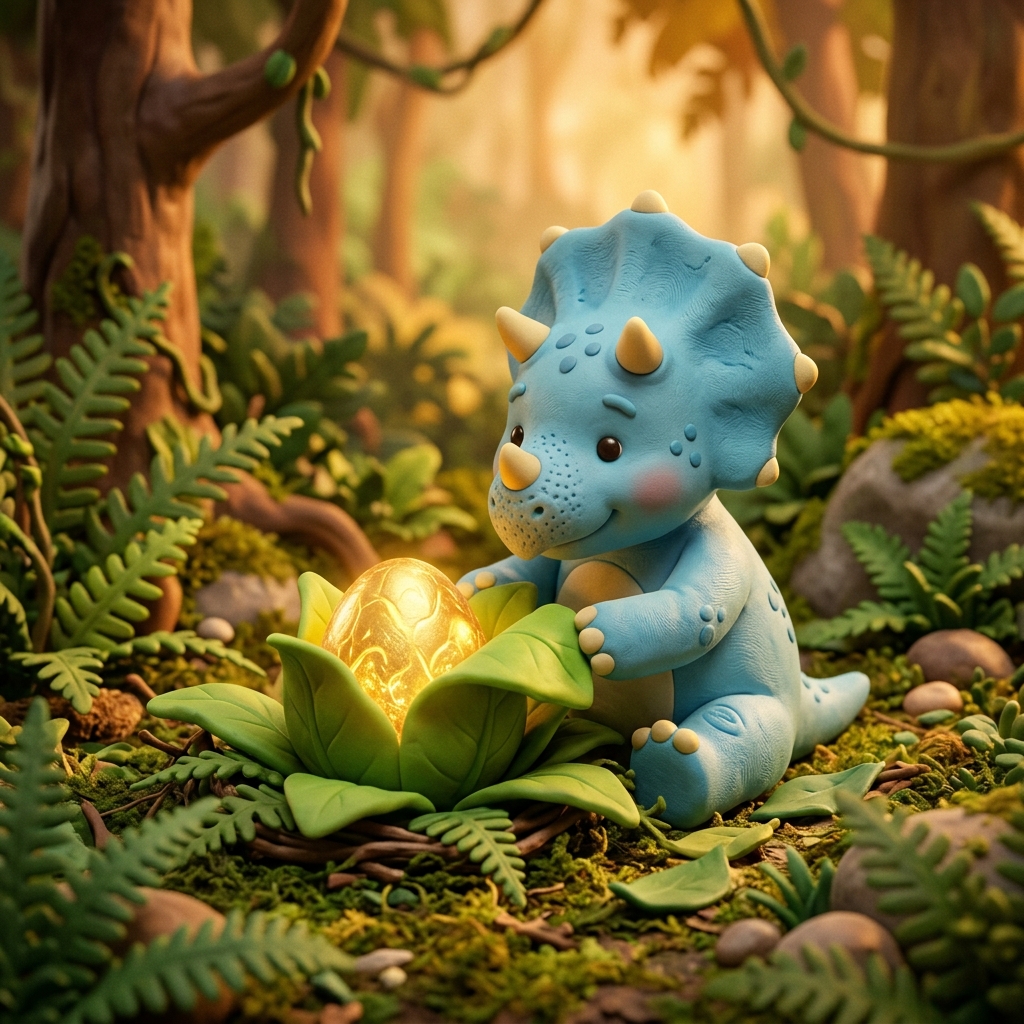 A cute baby Triceratops with sky-blue skin and tiny yellow horns sitting patiently next to a glowing golden egg, wrapping it gently in soft green leaves, cozy prehistoric scene, 3D claymation cartoon style, soft warm lighting