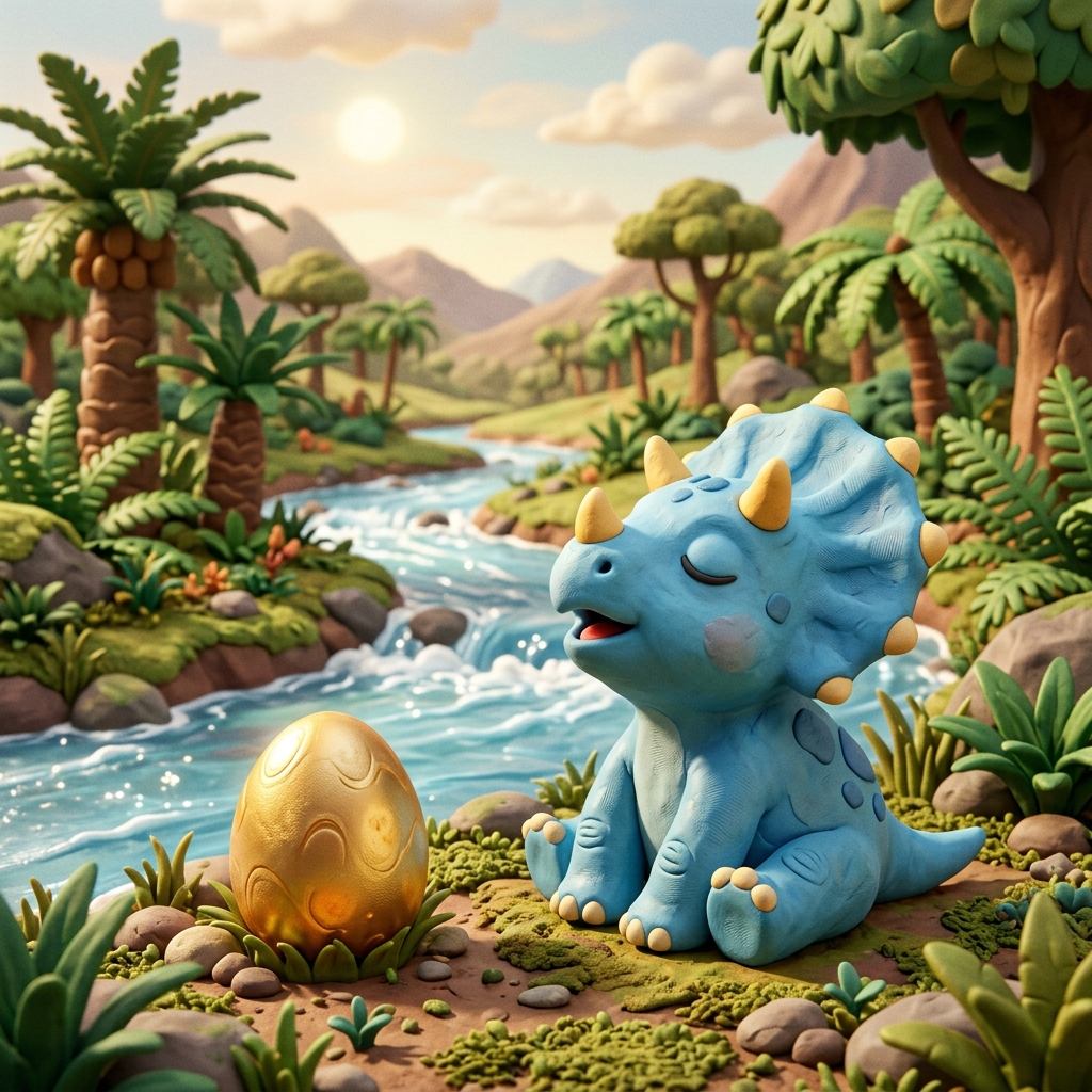 A cute baby Triceratops with sky-blue skin and tiny yellow horns sitting down and taking a deep breath next to a golden egg, looking calm and patient, near a flowing river, 3D claymation cartoon style