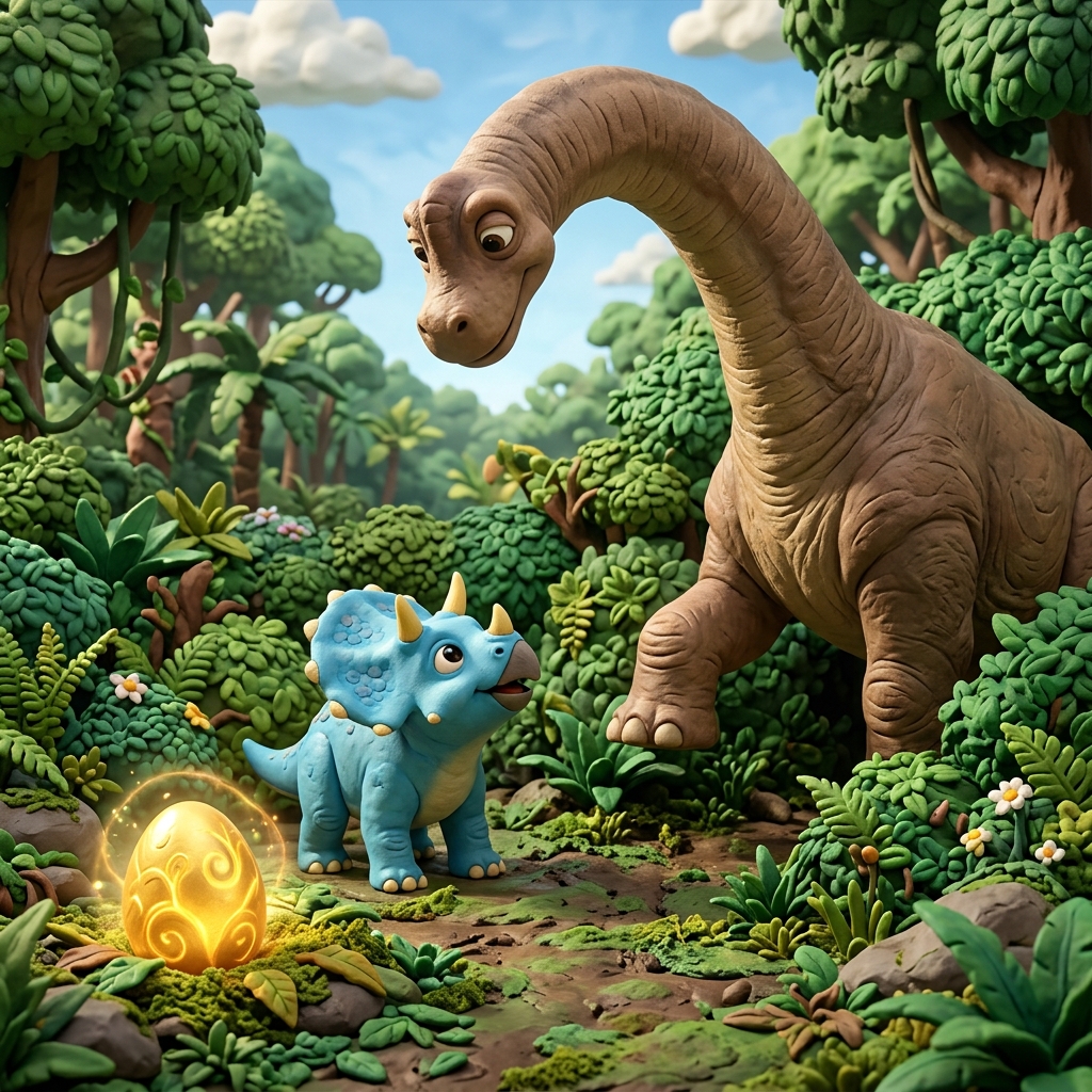 A cute baby Triceratops with sky-blue skin and tiny yellow horns looking up at a giant gentle mother Brachiosaurus stepping out of green bushes, glowing golden egg nearby, 3D claymation cartoon style