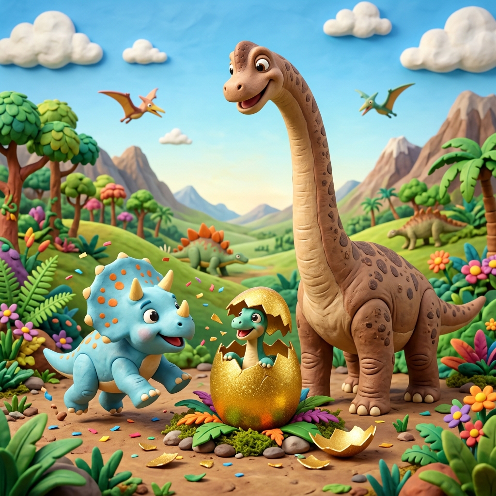 A cute baby Triceratops with sky-blue skin and tiny yellow horns celebrating next to a giant mother Brachiosaurus as a tiny baby Brachiosaurus hatches from a golden egg, colorful prehistoric valley, 3D claymation cartoon style, happy ending