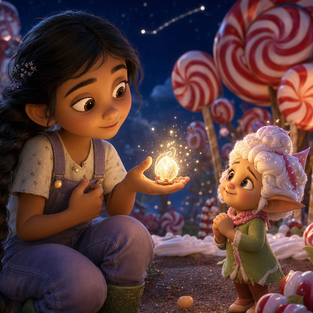 Mira and the Moonseed Garden, chapter 1, Sweet Kingdom, digital 3D illustration, whimsical fantasy, Pixar-like character style, rich colors, octane render style, cinematic lighting with strong high-contrast warm glow from a focal light source, deep indigo night sky with thin glowing constellations of stars, volumetric clouds/fog below, highly detailed textures (fabrics, wool, wood, metal), no text, no letters, no titles, zero borders, no white frames, no margins, no rounded corners, flush edge-to-edge grid