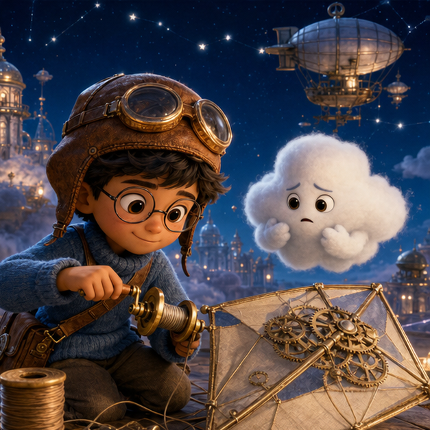 The Clockwork Kite of Cloud City, chapter 1, Cloud City, digital 3D illustration, whimsical fantasy, Pixar-like character style, rich colors, octane render style, cinematic lighting with strong high-contrast warm glow from a focal light source, deep indigo night sky with thin glowing constellations of stars, volumetric clouds/fog below, highly detailed textures (fabrics, wool, wood, metal), no text, no letters, no titles, zero borders, no white frames, no margins, no rounded corners, flush edge-to-edge grid