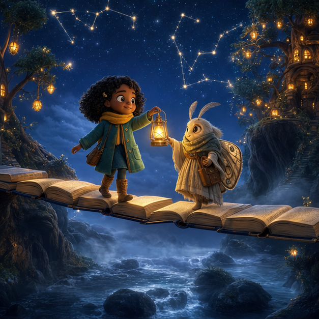The Lantern Library of Luma, chapter 2, Magic Forest, digital 3D illustration, whimsical fantasy, Pixar-like character style, rich colors, octane render style, cinematic lighting with strong high-contrast warm glow from a focal light source, deep indigo night sky with thin glowing constellations of stars, volumetric clouds/fog below, highly detailed textures (fabrics, wool, wood, metal), no text, no letters, no titles, zero borders, no white frames, no margins, no rounded corners, flush edge-to-edge grid