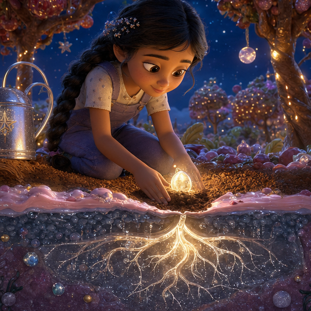 Mira and the Moonseed Garden, chapter 2, Sweet Kingdom, digital 3D illustration, whimsical fantasy, Pixar-like character style, rich colors, octane render style, cinematic lighting with strong high-contrast warm glow from a focal light source, deep indigo night sky with thin glowing constellations of stars, volumetric clouds/fog below, highly detailed textures (fabrics, wool, wood, metal), no text, no letters, no titles, zero borders, no white frames, no margins, no rounded corners, flush edge-to-edge grid