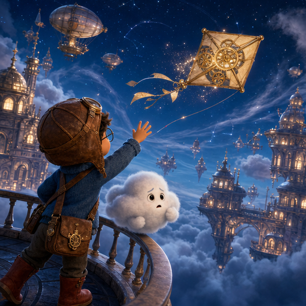 The Clockwork Kite of Cloud City, chapter 2, Cloud City, digital 3D illustration, whimsical fantasy, Pixar-like character style, rich colors, octane render style, cinematic lighting with strong high-contrast warm glow from a focal light source, deep indigo night sky with thin glowing constellations of stars, volumetric clouds/fog below, highly detailed textures (fabrics, wool, wood, metal), no text, no letters, no titles, zero borders, no white frames, no margins, no rounded corners, flush edge-to-edge grid