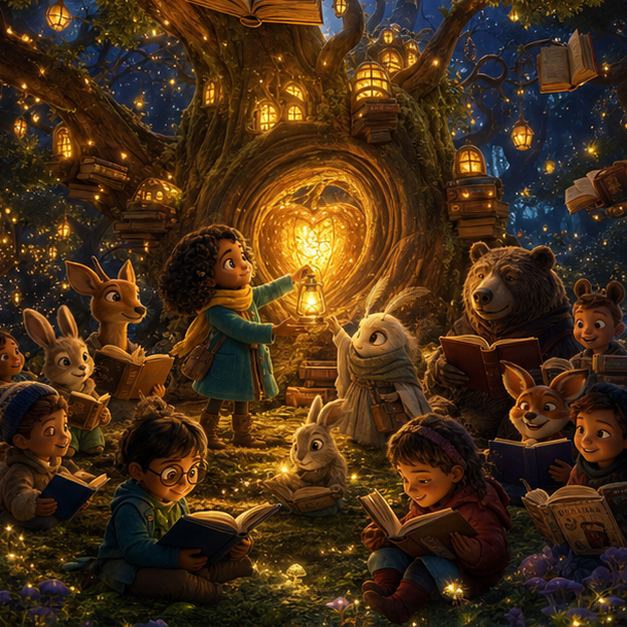 The Lantern Library of Luma, chapter 3, Magic Forest, digital 3D illustration, whimsical fantasy, Pixar-like character style, rich colors, octane render style, cinematic lighting with strong high-contrast warm glow from a focal light source, deep indigo night sky with thin glowing constellations of stars, volumetric clouds/fog below, highly detailed textures (fabrics, wool, wood, metal), no text, no letters, no titles, zero borders, no white frames, no margins, no rounded corners, flush edge-to-edge grid