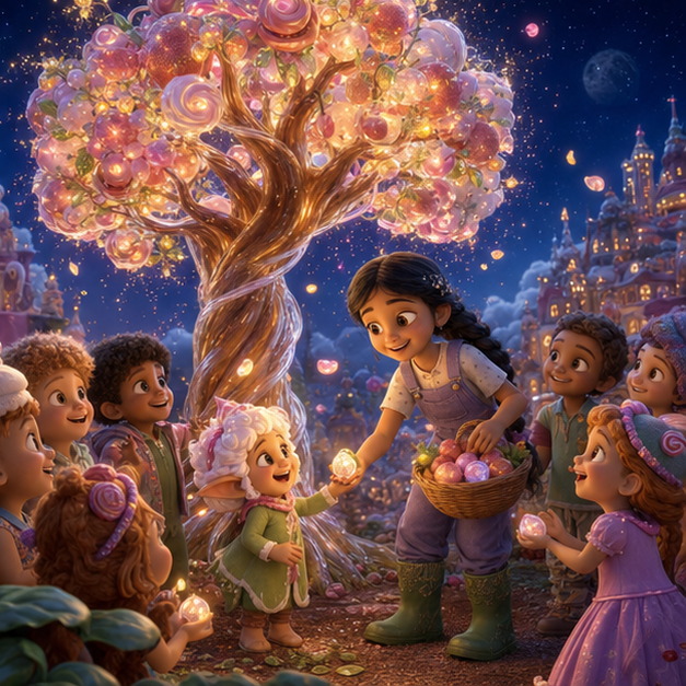 Mira and the Moonseed Garden, chapter 3, Sweet Kingdom, digital 3D illustration, whimsical fantasy, Pixar-like character style, rich colors, octane render style, cinematic lighting with strong high-contrast warm glow from a focal light source, deep indigo night sky with thin glowing constellations of stars, volumetric clouds/fog below, highly detailed textures (fabrics, wool, wood, metal), no text, no letters, no titles, zero borders, no white frames, no margins, no rounded corners, flush edge-to-edge grid