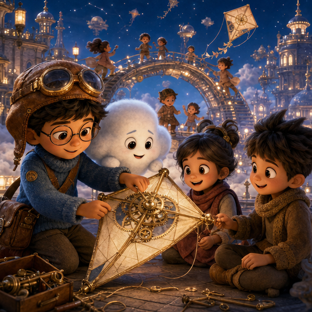 The Clockwork Kite of Cloud City, chapter 3, Cloud City, digital 3D illustration, whimsical fantasy, Pixar-like character style, rich colors, octane render style, cinematic lighting with strong high-contrast warm glow from a focal light source, deep indigo night sky with thin glowing constellations of stars, volumetric clouds/fog below, highly detailed textures (fabrics, wool, wood, metal), no text, no letters, no titles, zero borders, no white frames, no margins, no rounded corners, flush edge-to-edge grid