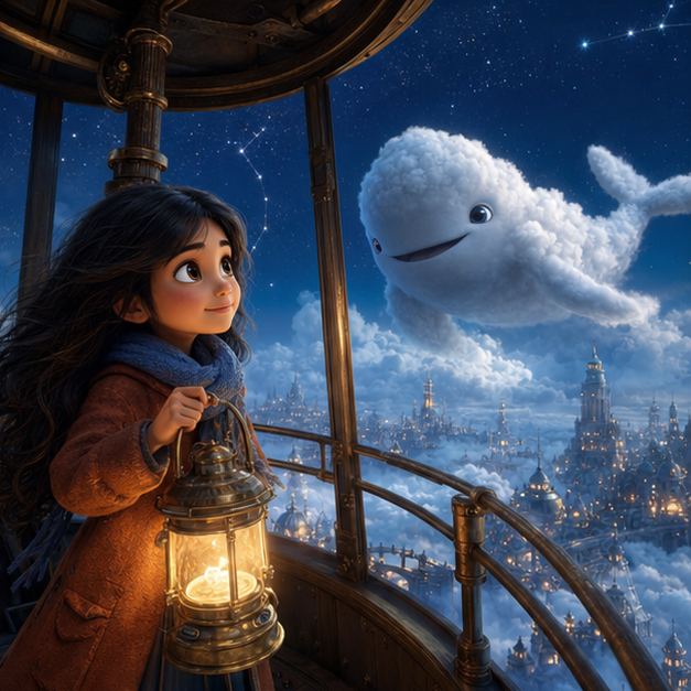 Liya, a dark-haired girl in a copper coat and blue scarf, meeting Nimbus, a tiny pearl-white cloud whale, on a misty bridge in Cloud City, digital 3D illustration, whimsical fantasy, Pixar-like character style, rich colors, octane render style, cinematic lighting with warm glow, deep indigo sky, thin glowing constellations, volumetric clouds, highly detailed textures, no text, no letters, no titles, zero borders, no white frames, no margins, no rounded corners, flush edge-to-edge grid