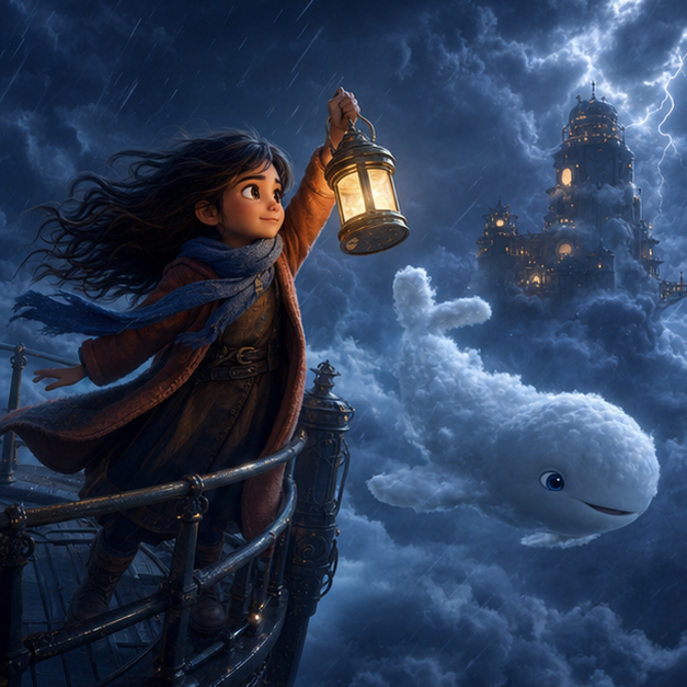 Liya with a brass lantern inside an ancient lighthouse above Cloud City while Nimbus circles outside the glowing windows, same girl and cloud whale design, digital 3D illustration, whimsical fantasy, Pixar-like character style, rich colors, octane render style, cinematic lighting with warm glow, deep indigo sky, thin glowing constellations, volumetric clouds, highly detailed textures, no text, no letters, no titles, zero borders, no white frames, no margins, no rounded corners, flush edge-to-edge grid