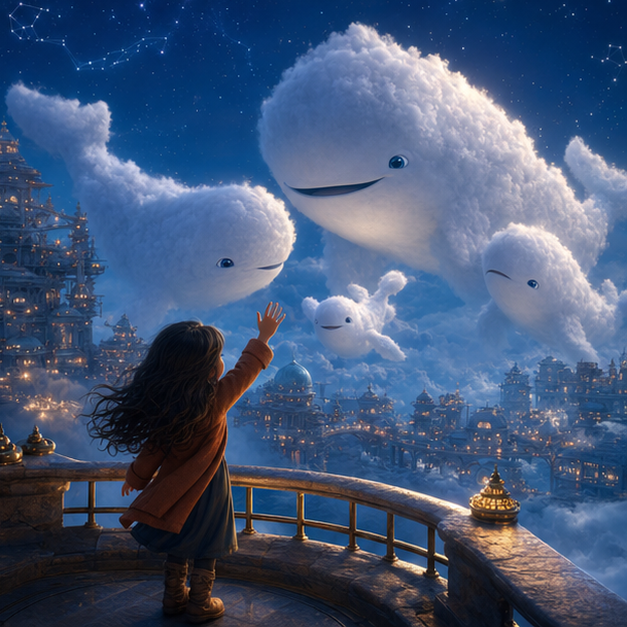 Liya holding a lantern at the stormy western edge of Cloud City as Nimbus reunites with three giant glowing cloud whales, same characters and palette, digital 3D illustration, whimsical fantasy, Pixar-like character style, rich colors, octane render style, cinematic lighting with warm glow, deep indigo sky, thin glowing constellations, volumetric clouds, highly detailed textures, no text, no letters, no titles, zero borders, no white frames, no margins, no rounded corners, flush edge-to-edge grid