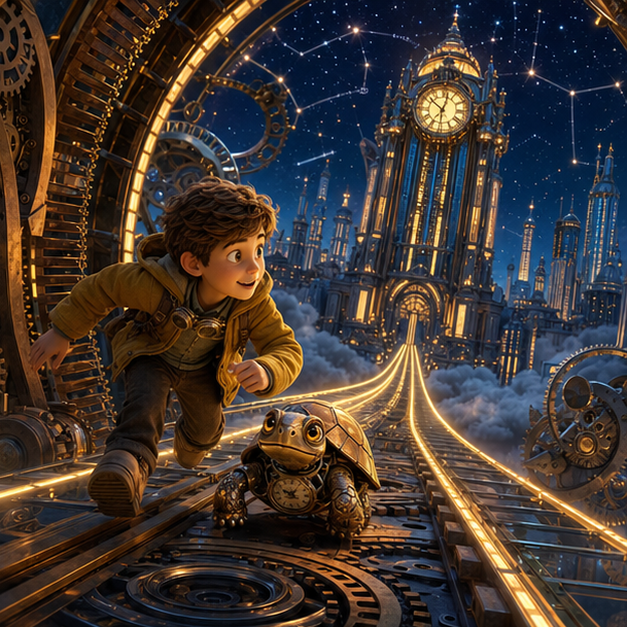 Marko, un ninio vivaz con chaqueta amarilla, descubre a Tikka, una pequenia tortuga mecanica de cobre, en un taller futurista, digital 3D illustration, whimsical fantasy, Pixar-like character style, rich colors, octane render style, cinematic lighting with warm glow, deep indigo sky, thin glowing constellations, volumetric clouds, highly detailed textures, no text, no letters, no titles, zero borders, no white frames, no margins, no rounded corners, flush edge-to-edge grid