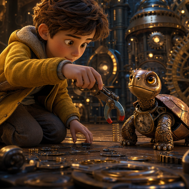 Marko arrodillado junto a Tikka en un tunel brillante de engranajes bajo una gran torre del tiempo, mismos personajes y paleta, digital 3D illustration, whimsical fantasy, Pixar-like character style, rich colors, octane render style, cinematic lighting with warm glow, deep indigo sky, thin glowing constellations, volumetric clouds, highly detailed textures, no text, no letters, no titles, zero borders, no white frames, no margins, no rounded corners, flush edge-to-edge grid