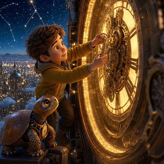 Marko reinstala un pequenio resorte en la gran torre del tiempo mientras Tikka observa orgullosa, mismos personajes y paleta, digital 3D illustration, whimsical fantasy, Pixar-like character style, rich colors, octane render style, cinematic lighting with warm glow, deep indigo sky, thin glowing constellations, volumetric clouds, highly detailed textures, no text, no letters, no titles, zero borders, no white frames, no margins, no rounded corners, flush edge-to-edge grid