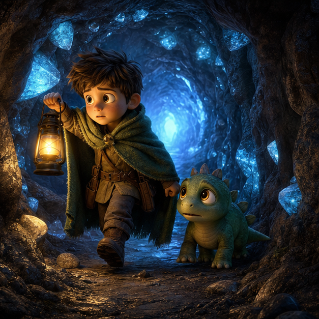 Oren, un ninio cauteloso con capa verde, conoce a Ru, un pequeno dinosaurio verde y gentil, entre helechos iluminados por la luna en Dinosaur Valley, digital 3D illustration, whimsical fantasy, Pixar-like character style, rich colors, octane render style, cinematic lighting with warm glow, deep indigo sky, thin glowing constellations, volumetric clouds, highly detailed textures, no text, no letters, no titles, zero borders, no white frames, no margins, no rounded corners, flush edge-to-edge grid