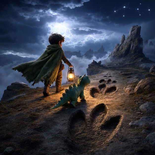 Oren guiando a Ru por una cueva de piedra azul brillante, mismos personajes y paleta, digital 3D illustration, whimsical fantasy, Pixar-like character style, rich colors, octane render style, cinematic lighting with warm glow, deep indigo sky, thin glowing constellations, volumetric clouds, highly detailed textures, no text, no letters, no titles, zero borders, no white frames, no margins, no rounded corners, flush edge-to-edge grid