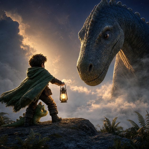 Oren protege a Ru en un risco ventoso mientras un gran dinosaurio padre emerge de la niebla, mismos personajes y paleta, digital 3D illustration, whimsical fantasy, Pixar-like character style, rich colors, octane render style, cinematic lighting with warm glow, deep indigo sky, thin glowing constellations, volumetric clouds, highly detailed textures, no text, no letters, no titles, zero borders, no white frames, no margins, no rounded corners, flush edge-to-edge grid