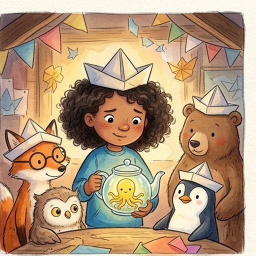 Maya and her animal friends fold paper boats at Seaside Library; they find a tiny glowing yellow octopus inside a glass teapot on the table