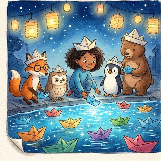 Maya and the animals release their origami paper boats into a glowing blue harbor under warm hanging lanterns