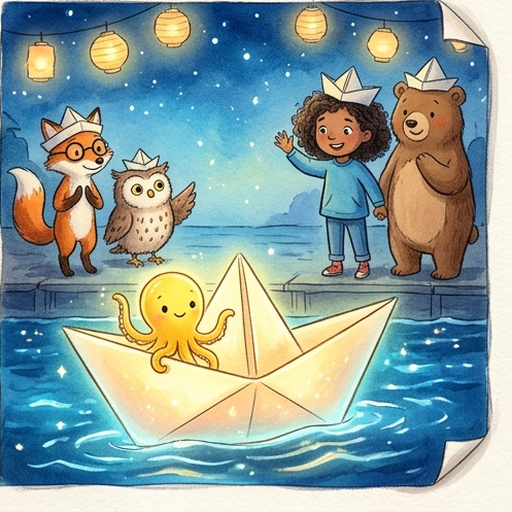 The tiny yellow octopus rides a giant glowing golden paper boat, waving goodbye to Maya and her friends at the harbor under a starry night sky