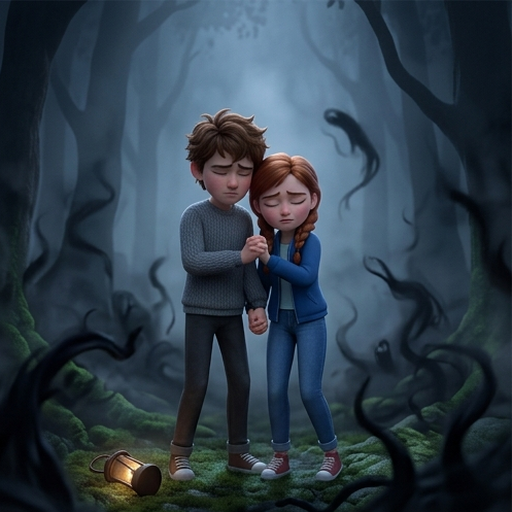 Leo, a teenage boy with messy brown hair in a grey sweater, and Mia, a teenage girl with auburn braids, walk worriedly through a dark magic forest with a lantern