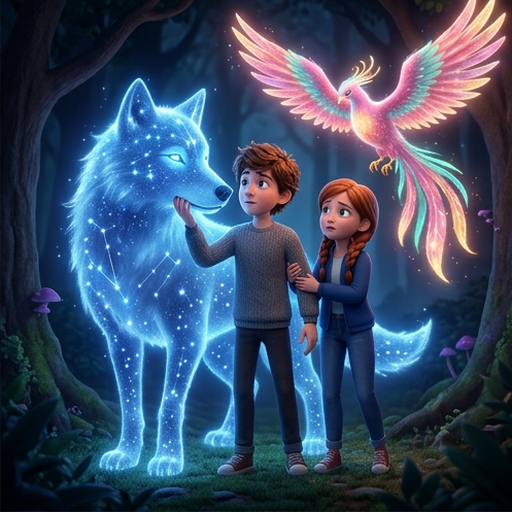 Dark shadows surround Leo and Mia in the forest; they stand close, holding hands and closing their eyes with courage