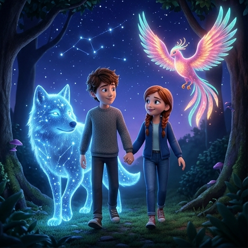 Two giant glowing protector spirits manifest: a starlight wolf of blue stars stands beside Leo, and a pink-gold nebula phoenix flies above Mia in the forest