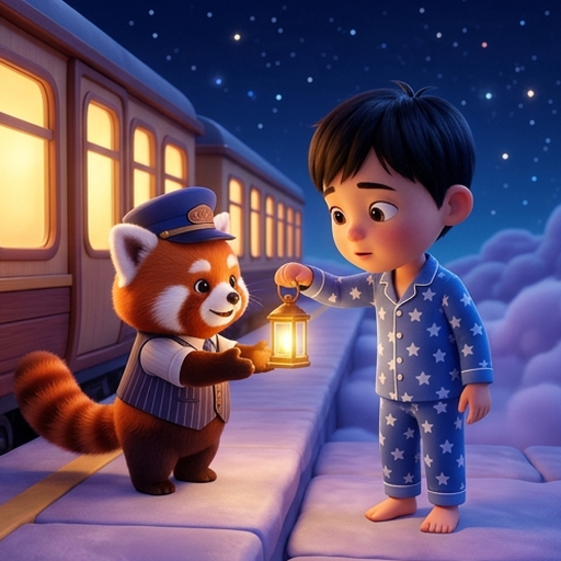 Noah, a small boy in star pajamas, stands on a cloud platform at night looking tired as a cozy train arrives