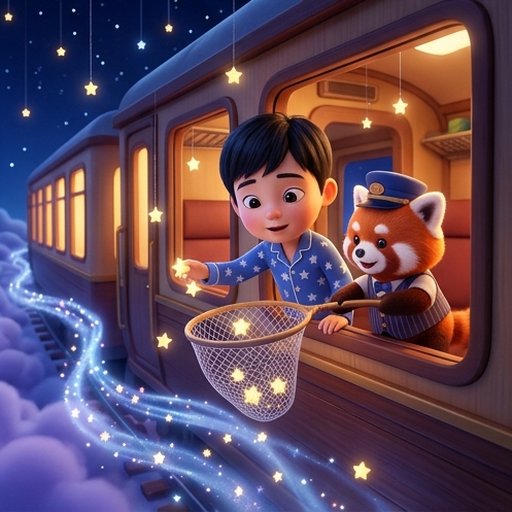 Mr. Pip the red panda conductor hands Noah a tiny glowing golden lantern on the train platform