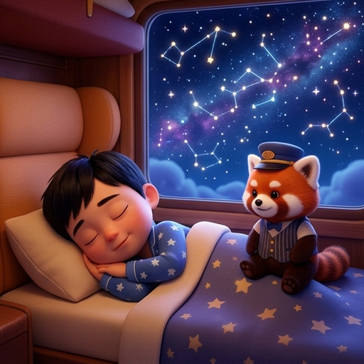 Noah cozy and asleep in a warm train berth, Mr. Pip watching over him gently, as the starlight train flies through the night sky