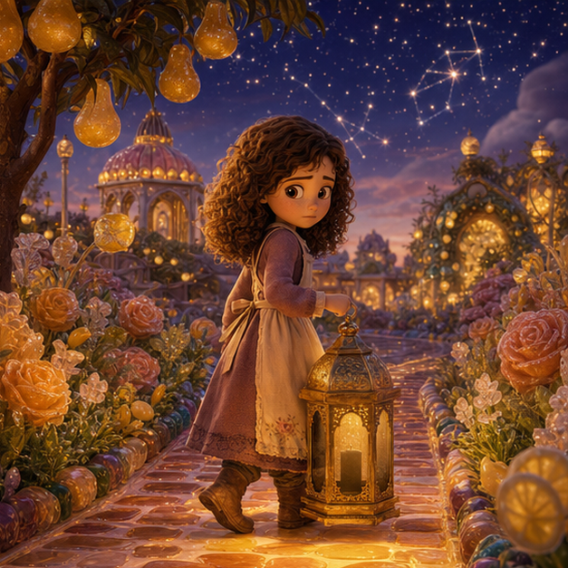 Sofia mit kastanienbraunen Locken und hellem Schuerze schaut auf eine goldene Laterne neben einem Limonadenbrunnen im Zuckergarten, digital 3D illustration, whimsical fantasy, Pixar-like character style, rich colors, octane render style, cinematic lighting with warm glow, deep indigo sky, thin glowing constellations, volumetric clouds, highly detailed textures, no text, no letters, no titles, zero borders, no white frames, no margins, no rounded corners, flush edge-to-edge grid