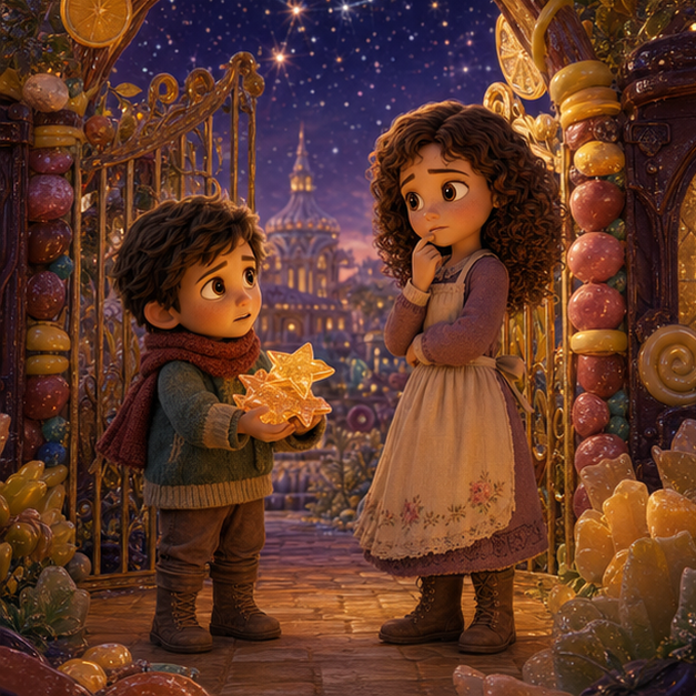 Sofia traegt eine dunkle Laterne durch einen verblassenden Zuckergarten, dieselbe Heldin und Farbwelt, digital 3D illustration, whimsical fantasy, Pixar-like character style, rich colors, octane render style, cinematic lighting with warm glow, deep indigo sky, thin glowing constellations, volumetric clouds, highly detailed textures, no text, no letters, no titles, zero borders, no white frames, no margins, no rounded corners, flush edge-to-edge grid