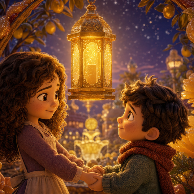Sofia und Theo versoehnen sich unter einer goldenen leuchtenden Laterne in einem wiederhergestellten Zuckergarten bei Abendlicht, dieselben Figuren und Farbwelt, digital 3D illustration, whimsical fantasy, Pixar-like character style, rich colors, octane render style, cinematic lighting with warm glow, deep indigo sky, thin glowing constellations, volumetric clouds, highly detailed textures, no text, no letters, no titles, zero borders, no white frames, no margins, no rounded corners, flush edge-to-edge grid