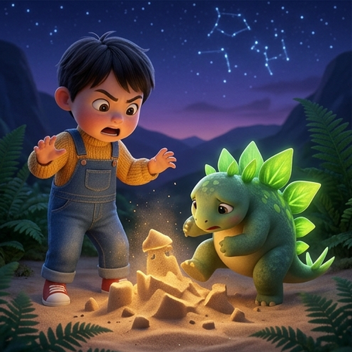 Taro, a small Japanese boy with short black hair, wearing a knitted yellow sweater and blue denim overalls, builds a miniature glowing golden sand lighthouse with Spike, a cute baby stegosaurus with glowing green plates, in Dinosaur Valley at twilight