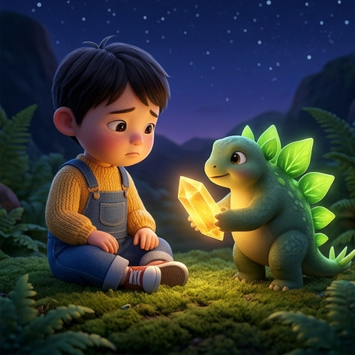 Spike the baby stegosaurus accidentally steps on and crushes the sand lighthouse; Taro stands with an angry, shocked expression while Spike looks apologetic and extremely sad