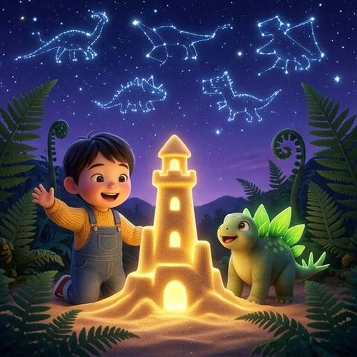 Taro and Spike celebrate as they stand next to a large, magnificent glowing sand lighthouse they built together, under a starry-sky space background filled with dinosaur constellations, joy and friendship