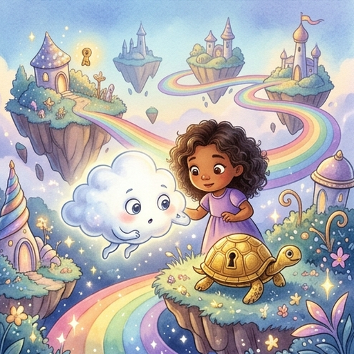 Liya, a small girl with dark curly hair and purple dress, meets Nimbus, a tiny fluffy white cloud with big round blue eyes, on a shimmering rainbow bridge in Cloud City, silver towers in the background, magical sparkling sky