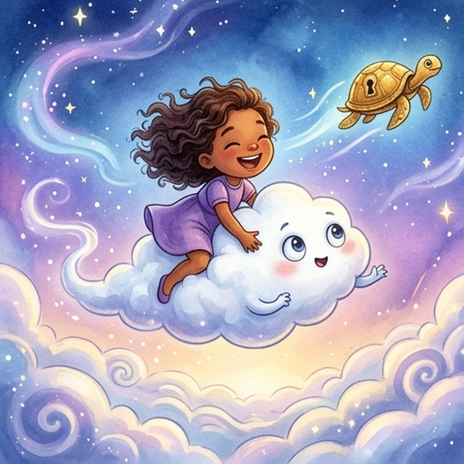 Liya with dark curly hair in purple dress rides on Nimbus the fluffy white cloud with blue eyes, flying high above Cloud City's floating islands chasing a golden clockwork turtle, wind in Liya's hair, excitement on their faces, magical sky