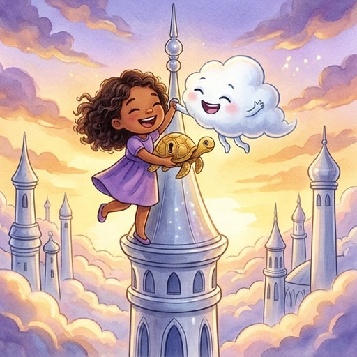 Liya with dark curly hair in purple dress and Nimbus the fluffy white cloud celebrate together with the golden clockwork turtle at the top of the Silver Spire tower in Cloud City, sunset sky in warm gold, big smiles, friendship and joy