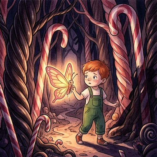 Fin, a small boy with red hair and green overalls, standing at the ornate gate of Sweet Kingdom at night, Krikha the luminous amber butterfly glowing beside him as a tiny beacon of light, giant lollipops and marshmallow hills in the dark sugary landscape behind the gate, fearful but determined expression