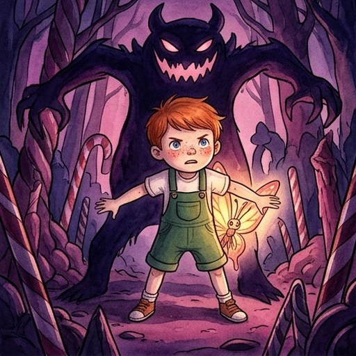 Fin with red hair and green overalls walking through dark candy-cane forest with Krikha the luminous amber butterfly lighting the path, Fin holding Krikha gently, dark chocolate river and twisted candy trees around them, warm amber light cutting through deep shadows
