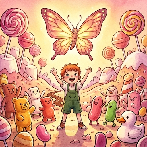 Sweet Kingdom bathed in warm golden light as Krikha the luminous amber butterfly with rose-gold wings rises high, Fin with red hair and green overalls stands arms wide like a hero, colourful candy creatures gummi bears and lollipops cheering and dancing around them in joyful celebration