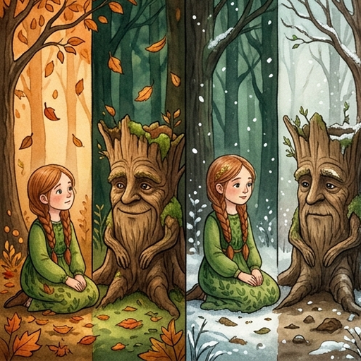 Fin with red hair and green overalls walking through dark candy-cane forest with Krikha the luminous amber butterfly lighting the path, Fin holding Krikha gently, dark chocolate river and twisted candy trees around them, warm amber light cutting through deep shadows
