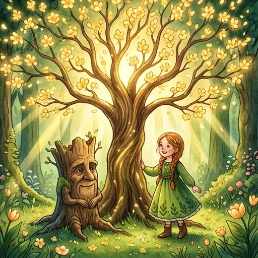 Sweet Kingdom bathed in warm golden light as Krikha the luminous amber butterfly with rose-gold wings rises high, Fin with red hair and green overalls stands arms wide like a hero, colourful candy creatures gummi bears and lollipops cheering and dancing around them in joyful celebration