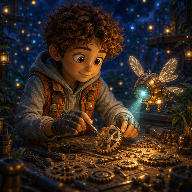The Brass Firefly Clock of Future City panel 2, hero Ivo with companion Blink in Future City, brass firefly clock, digital 3D whimsical fantasy storybook illustration, no text