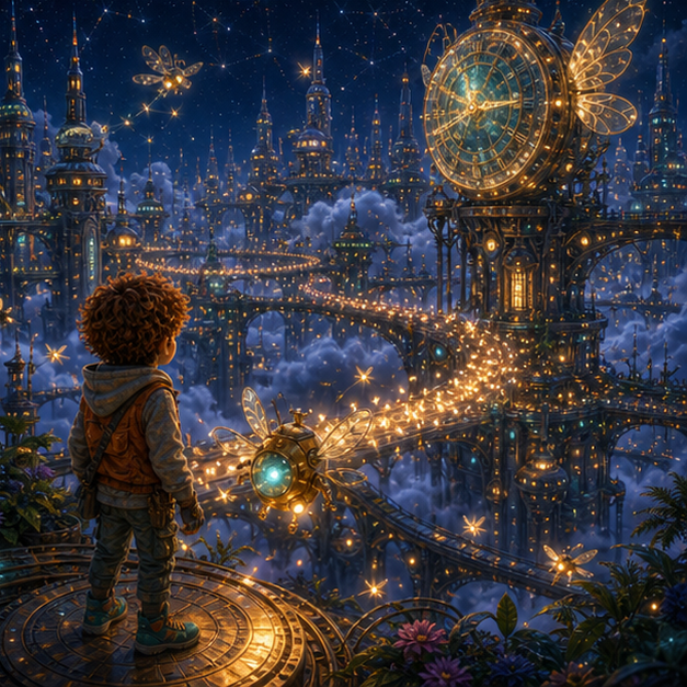 The Brass Firefly Clock of Future City panel 3, hero Ivo with companion Blink in Future City, brass firefly clock, digital 3D whimsical fantasy storybook illustration, no text